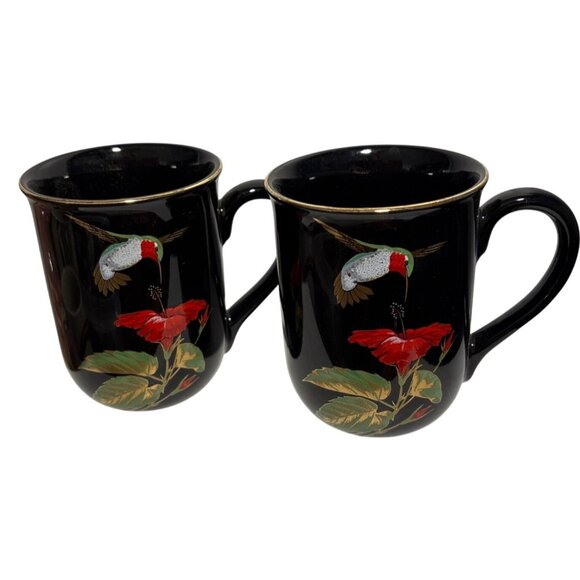 Otagiri Hummingbird & Flowers Mug Black Ceramic Set Of 2 Japan - Picture 1 of 9